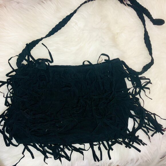 Black Fringe Shoulder Bag Boho Y2K Vintage Style Braided Strap Festival Purse - Picture 2 of 6